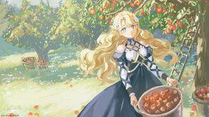 Anime Anime Girls Long Hair Blonde Blue Eyes Trees Fruit Grass Watermarked Looking At Viewer Standin 1778x1000 Wallpaper