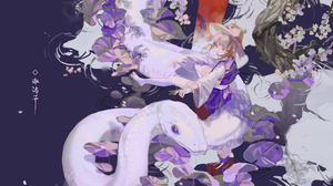Anime Anime Girls Artwork Snake Flowers Simple Background Touhou Moriya Suwako Petals Animals Minima 2560x1440 Wallpaper