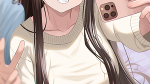 Anime Anime Girls Vertical Phone Peace Sign Selfies Brunette Blue Eyes Smiling Anime Boys 2204x3541 Wallpaper