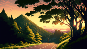 Uomi Ai Art Illustration Landscape Sunset Mountains Sea Sky Wood Trees Road Sunset Glow 2000x1335 Wallpaper