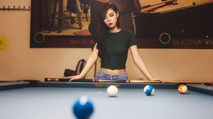 Women Model Brunette Long Hair Asian Red Lipstick T Shirt Bokeh Pool Table Billiards Pool Balls Bill 2048x1365 Wallpaper