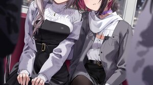 Anime Anime Girls Vertical Sleeping Closed Eyes Train Blushing Necklace Two Tone Hair Two Women 1484x2048 Wallpaper