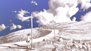 Pathway Clouds Wind Scarf Skirt Grass House Rocks Blue Beige Edit 2560x1440 Wallpaper