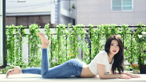 Asian Jeans Short Tops T Shirt High Heels Black Hair White Tops Looking At Viewer Brunette Women Mod 1920x1282 wallpaper