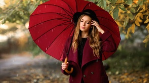 Women Model Blonde Long Hair Olga Boyko Umbrella Rain Hat Coats Fall Leaves Women Outdoors 1920x1080 wallpaper