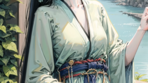 Portrait Illustration Fantasy Girl China Gufen Vertical Kimono Leaves Water Long Hair Looking At Vie 1054x1901 Wallpaper