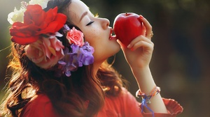 Women Asian Model Food Fruit Apples Closed Eyes Face Profile Long Hair Makeup Painted Nails Red Nail 3840x2160 Wallpaper