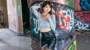 Asian Model Women Long Hair Dark Hair Column Graffiti Leather Skirts Blue Tops Leaning Depth Of Fiel 1920x1252 Wallpaper