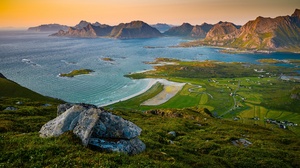 Nature Landscape Norway Lofoten Sea Field Beach Waves Mountains 3840x2160 Wallpaper