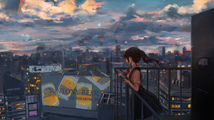 Anime Anime Girls Balcony Brunette Ponytail City Building Clouds School Uniform Schoolgirl City Ligh 3840x2078 Wallpaper
