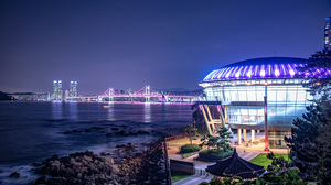 Busan Night Building Architecture Photography Bridge South Korea Water Lights 7360x4912 Wallpaper