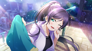 Toujou Nozomi Love Live Anime Anime Girls One Eye Closed Aqua Eyes Purple Hair Long Hair Open Mouth  3600x1800 Wallpaper
