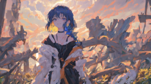 Blue Hair Anime Girls Sunflowers Sunset Pastel Ai Art Bangs Choker French Braid Earring Looking At V 2560x1080 Wallpaper