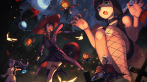 Halloween Halloween Costume Pumpkin Anime Girls Horns Moon Bats 4093x2894 Wallpaper