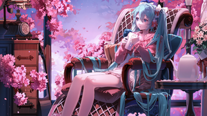Anime Anime Girls Gramophone Vocaloid Hatsune Miku Sitting Sky Clouds Flowers Petals Twintails Cyan  2894x4092 Wallpaper