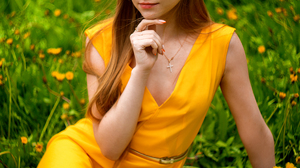 Aleksey Lozgachev Women Redhead Long Hair Bangs Glasses Looking At Viewer Dress Yellow Clothing Neck 1200x1800 Wallpaper