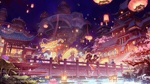 Genshin Impact Night Sky Anime Girls Anime Boys Night Group Of People Sky City Water Sky Lanterns Bu 8756x4728 Wallpaper