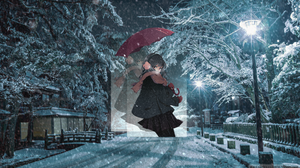 Picture In Picture Anime Anime Girls Winter Snow Night Umbrella Scarf 1920x1080 Wallpaper