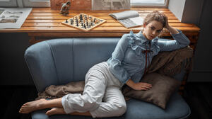 Aleksandr Kurennoi Women Brunette Resting Head Looking At Viewer Stripes Shirt Pants Barefoot Couch  2048x1366 Wallpaper