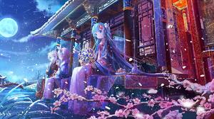 Anime Girls Kimono Snow Moon Turquoise Hair Aqua Eyes Looking At Viewer Cats Flowers Petals Hair Orn 2167x1080 Wallpaper