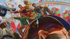 The Beatles George Harrison Paul McCartney Ringo Starr John Lennon Pop Art Band Submarine Rainbows T 4020x900 Wallpaper