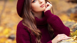 Olga Boyko Women Hat Brunette Makeup Red Clothing Nature Fall Model Women Outdoors 1366x2048 wallpaper