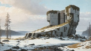 Landscape Science Fiction Rocks Environment Futuristic Megaliths Ruins Clouds Sky Trees 3357x1913 Wallpaper
