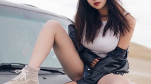 Women Model Legs Women Outdoors Leather Jacket Asian 1800x2700 Wallpaper