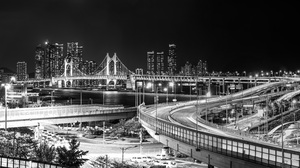Panorama Monochrome Busan Building South Korea Night Photography Bridge 12883x6548 Wallpaper