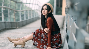 Asian Model Women Long Hair Dark Hair Sitting Women Outdoors Urban Heels Red Clothing Black Hair Hat 1920x1280 Wallpaper