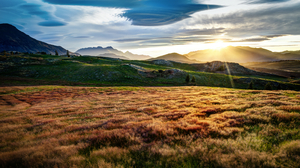 Landscape 4K Mountains Hills Field Sky Clouds Sun New Zealand 3840x2160 Wallpaper