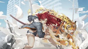 Tiger Digital Art Anime Girls Redhead Sword Animals Long Hair Short Shorts 2048x2048 Wallpaper
