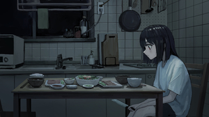 Anime Girls Depressing Eating Thinking Kitchen Sitting Knife Short Hair Black Hair Red Eyes Interior 3840x2160 Wallpaper