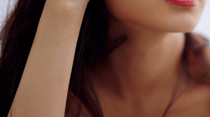 Women Model Asian Korean Model Red Lipstick Closeup Portrait Hands In Hair Parted Lips Lying Down Lo 1357x1920 wallpaper