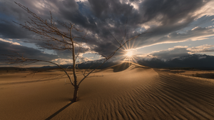 Sunset Sun Rays Desert Mountains Snowy Peak Clouds Dunes Sand 3600x2400 Wallpaper