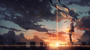 Anime Hatsune Miku Vocaloid Anime Girls Nochek Artwork Clouds City Windy Sunset Sunset Glow Cityscap 2560x1440 Wallpaper