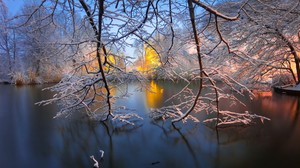 Nature Landscape Water Lake Trees Brooklyn Park New York City USA Winter Snow Branch Reflection Morn 1920x1080 Wallpaper