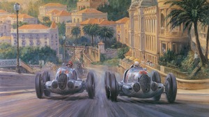 Formula Cars Oil Painting Artwork Alan Fearnley Race Cars Monaco 1937 Mercedes Benz W 125 Palm Trees 1630x1076 Wallpaper