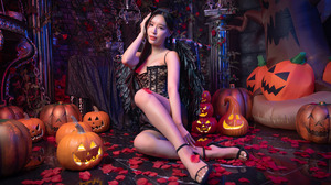 Asian Model Women Long Hair Dark Hair Pumpkin Sitting High Heels Halloween Jack O Lantern 2560x1706 Wallpaper