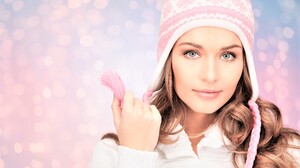 Hat Winter Pink Bokeh Blue Eyes 5616x3744 Wallpaper