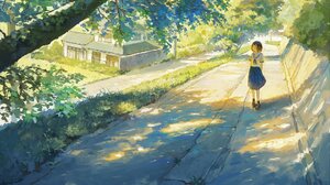 Anime Anime Girls Schoolgirl School Uniform Arms Behind Back Path Looking Away Grass Trees Leaves Na 1920x1426 wallpaper