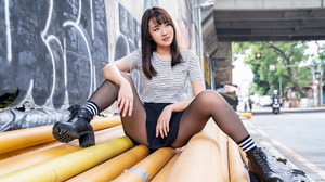 Asian Model Women Long Hair Dark Hair Sitting T Shirt Striped Tops 2560x1608 Wallpaper