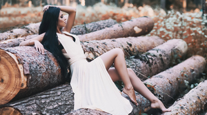 Sergey Prozvitsky Women Dark Hair Long Hair Makeup Dress White Clothing Profile Barefoot Legs Timber 1500x1001 Wallpaper