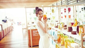 Brunette White Dress Dress Asian Smiling Orange Fruit Women Indoors Looking At Viewer Im Yoona Women 1920x1080 Wallpaper