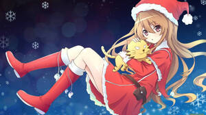 Anime Anime Girls Christmas Christmas Clothes Toradora Aisaka Taiga Tiger Snow Snowflakes Looking At 2560x1440 wallpaper
