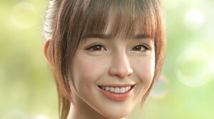 Euginnx Wu CGi Women Asian Brunette Bangs Makeup Eyeliner Portrait Smiling Simple Background People 1920x1836 Wallpaper
