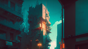 Ai Art Cyberpunk City Building Teal Illustration 1920x1080 Wallpaper