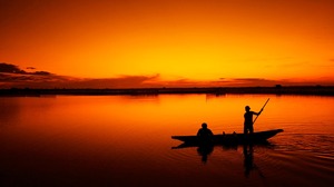 Boat Fisherman Lagoon People Sunset Vietnam Orange Color 1920x1281 Wallpaper