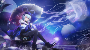 Anime Artwork Anime Girls Umbrella Jellyfish Stars 5500x2600 Wallpaper
