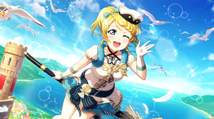 Ayase Eli Love Live Anime Anime Girls Sky Clouds Water Dress Bow Tie Gloves Open Mouth Braids Birds  4096x2520 wallpaper